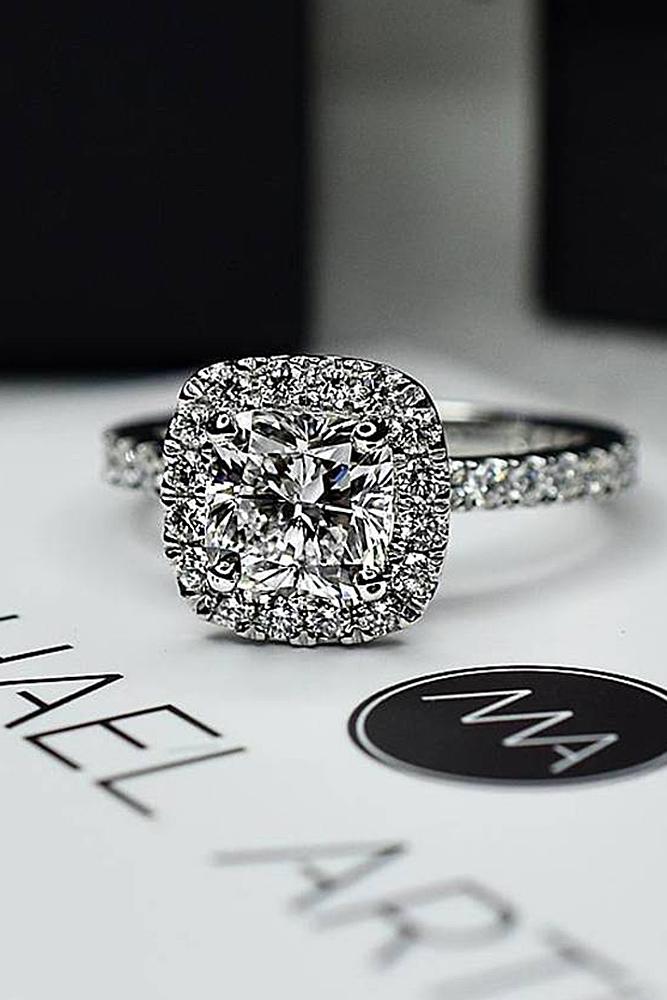 cushion cut engagement rings diamond halo pave band white gold