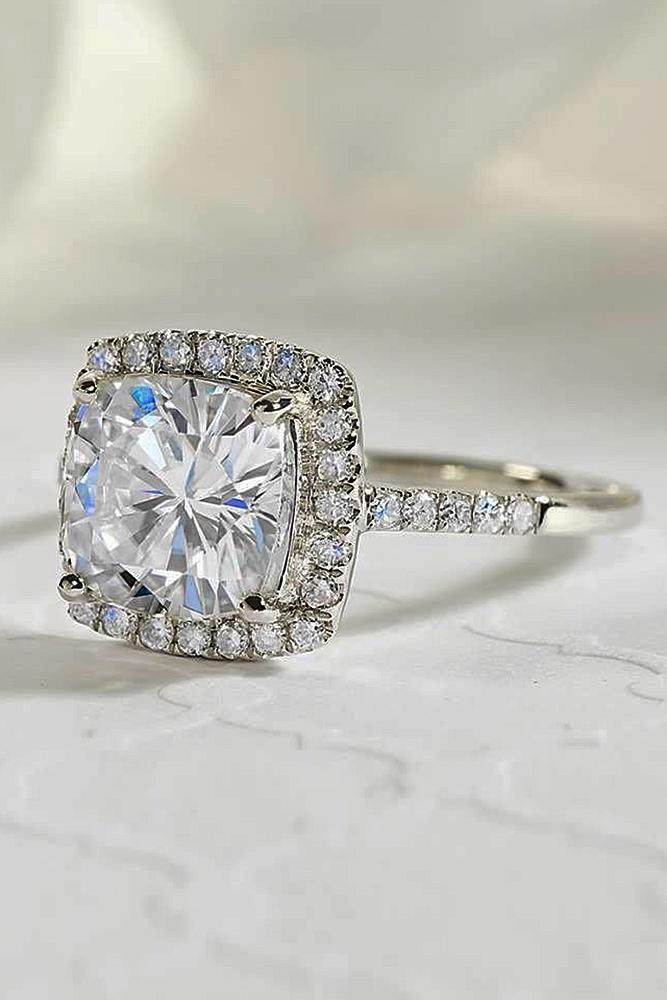 cushion cut engagement rings diamond halo white gold pave band