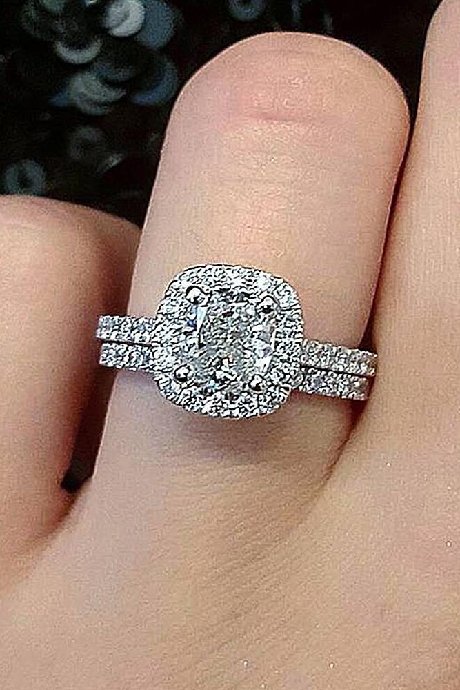 cushion cut engagement rings halo diamond split pave band