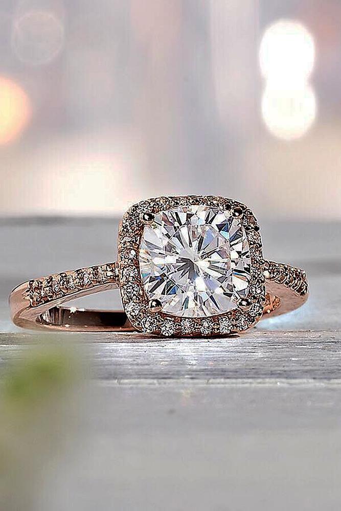 cushion cut engagement rings halo rose gold pave band