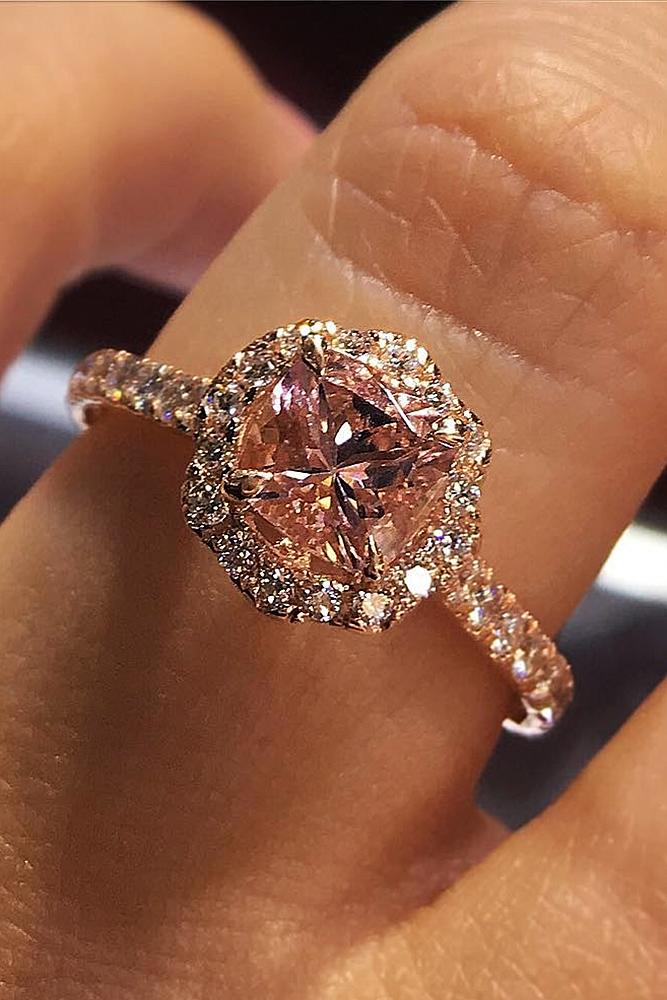 cushion cut engagement rings morganite floral halo rose gold