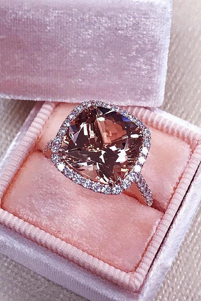 cushion cut engagement rings morganite halo pave band rose gold