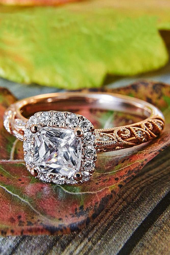 cushion cut engagement rings rose gold vintage halo diamond