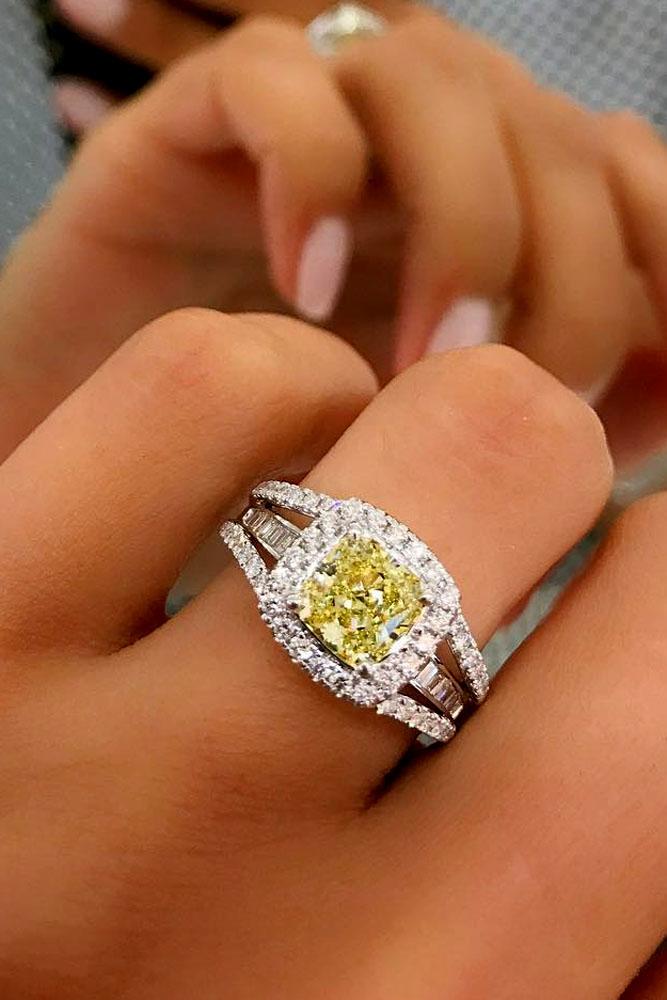 cushion cut engagement rings unique white gold with yellow diamond