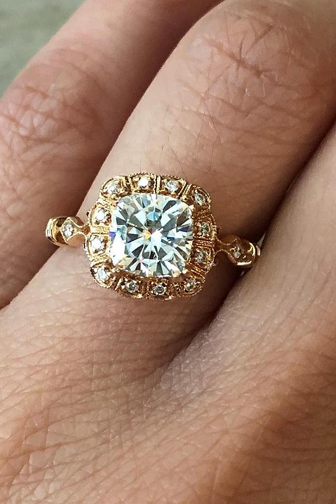 cushion cut engagement rings vintage yellow gold diamond