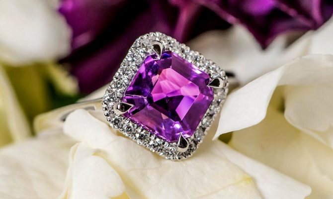 cushion cut engagement rings with amethyst in halo