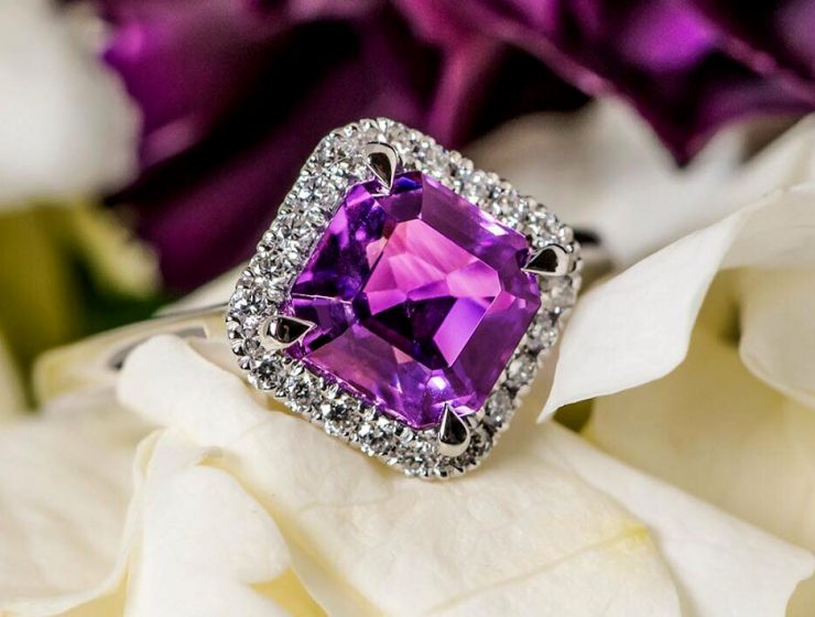 cushion cut engagement rings with amethyst in halo