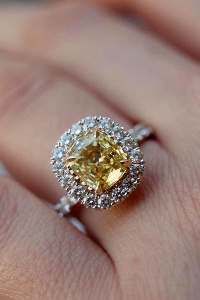 cushion cut engagement rings yellow center diamond pave band