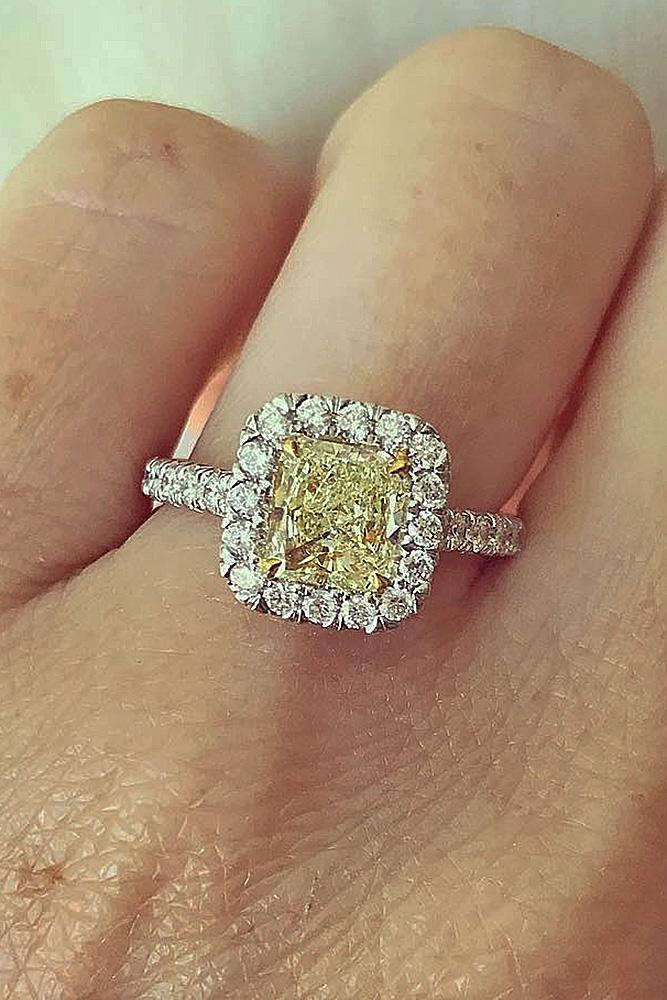 cushion cut engagement rings yellow diamond halo pave band