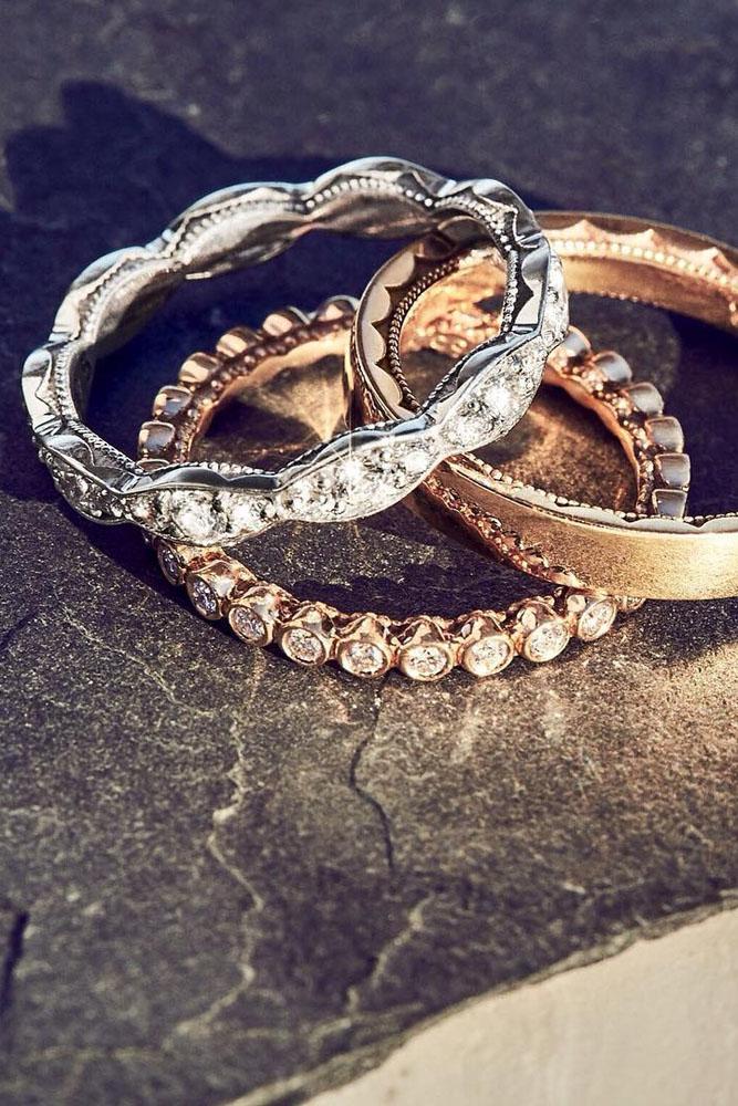 engagement ring set three rings in white and rose gold with diamonds