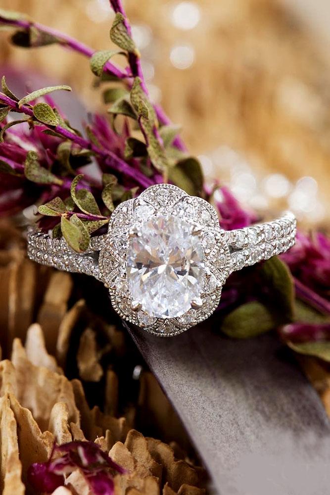 floral engagement rings oval cut diamond pave band white gold