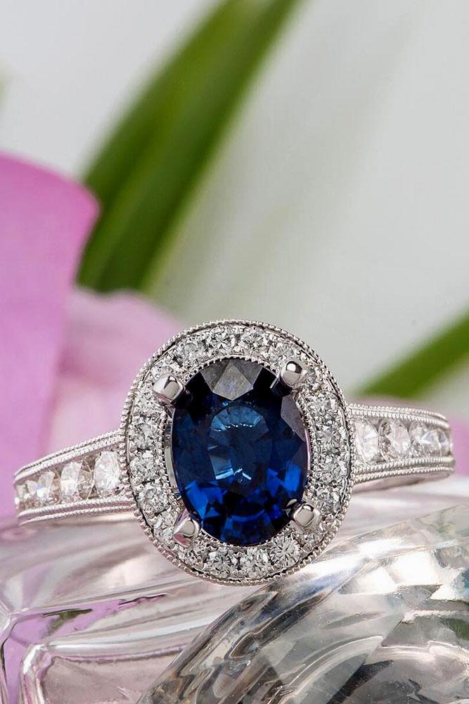 oval center stone pave band diamond halo in white gold sapphire engagement rings