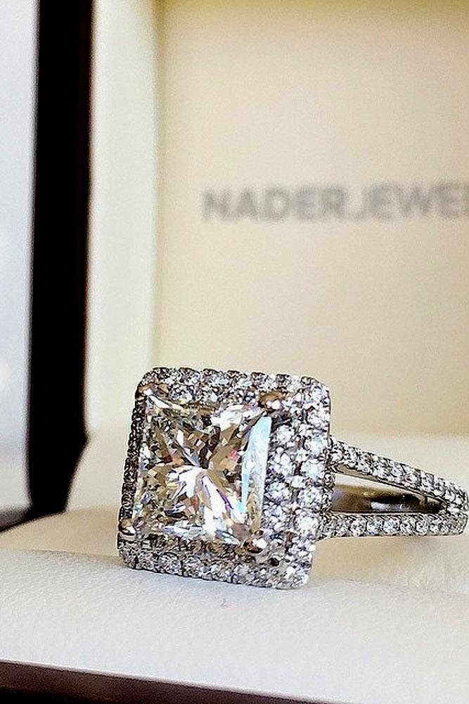 princess cut engagement rings double halo pave band white gold