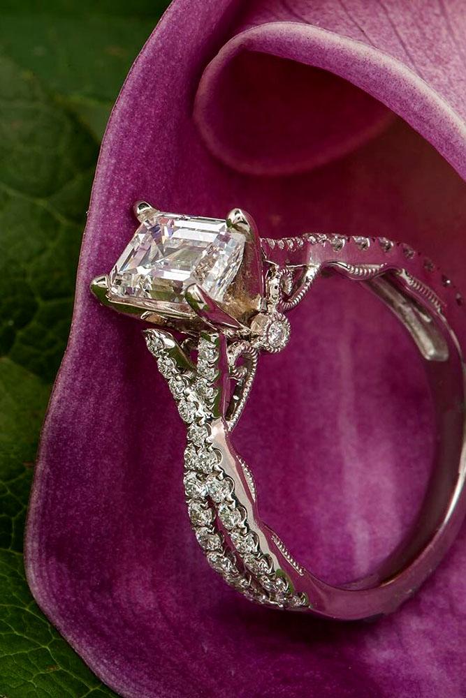 princess cut engagement rings unique rose gold pave band