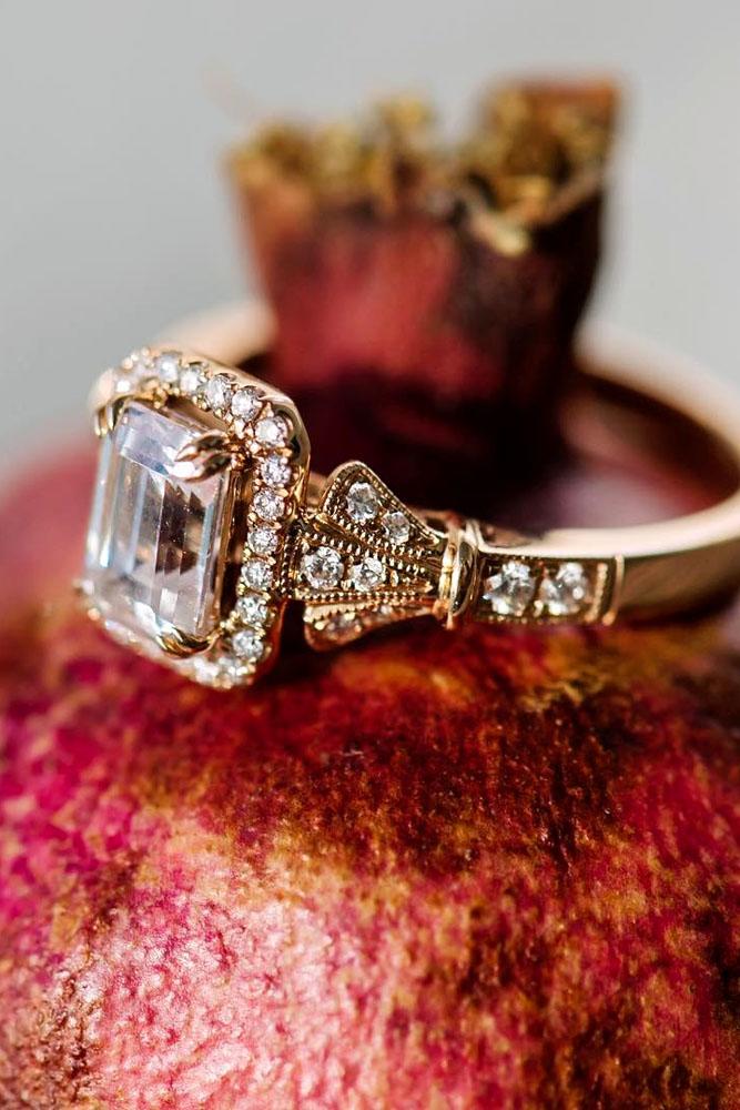 rose gold engagement rings emerald cut diamond halo