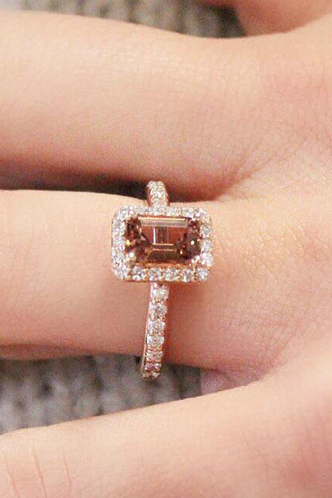 rose gold engagement rings emerald cut moissanite halo pave band