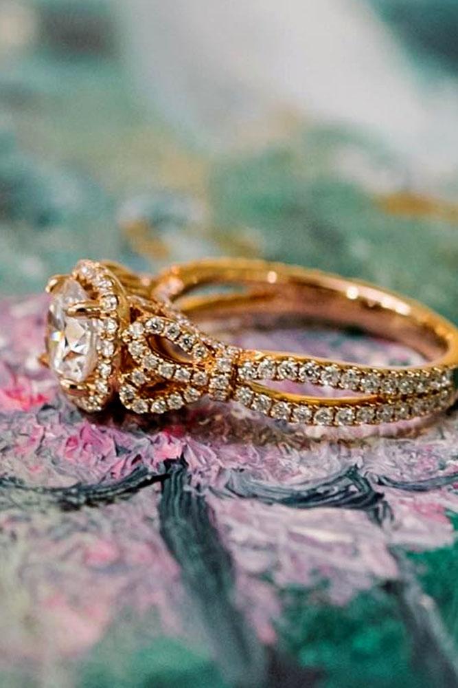 rose gold engagement rings round cut halo pave band