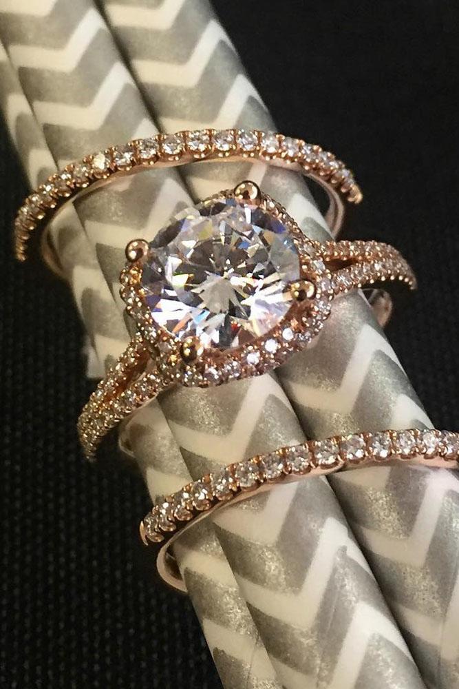 rose gold engagement rings round cut halo pave band