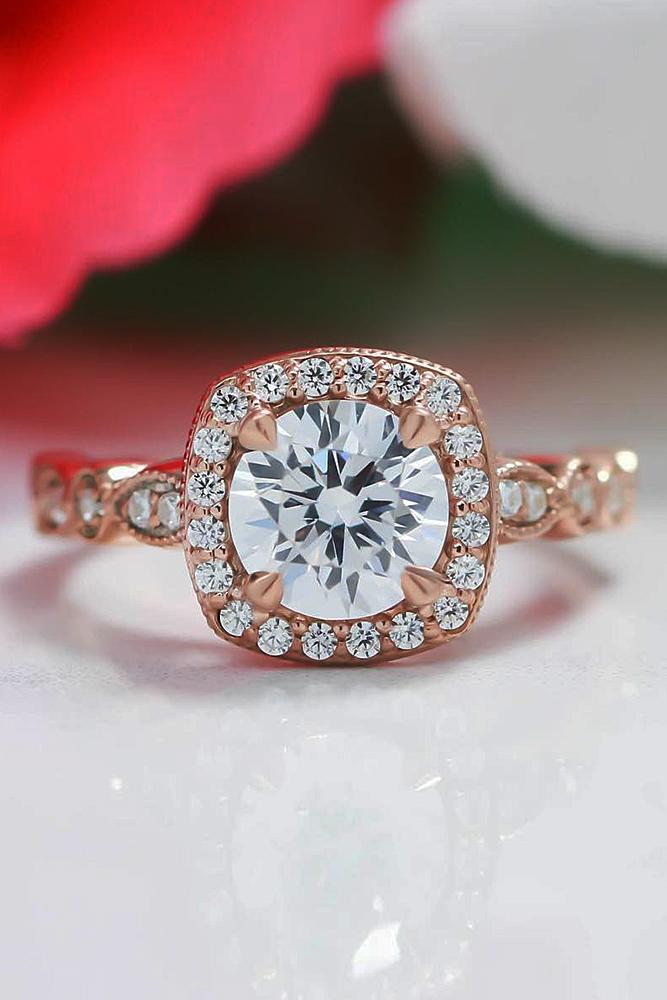 rose gold engagement rings round cut halo pave band diamond