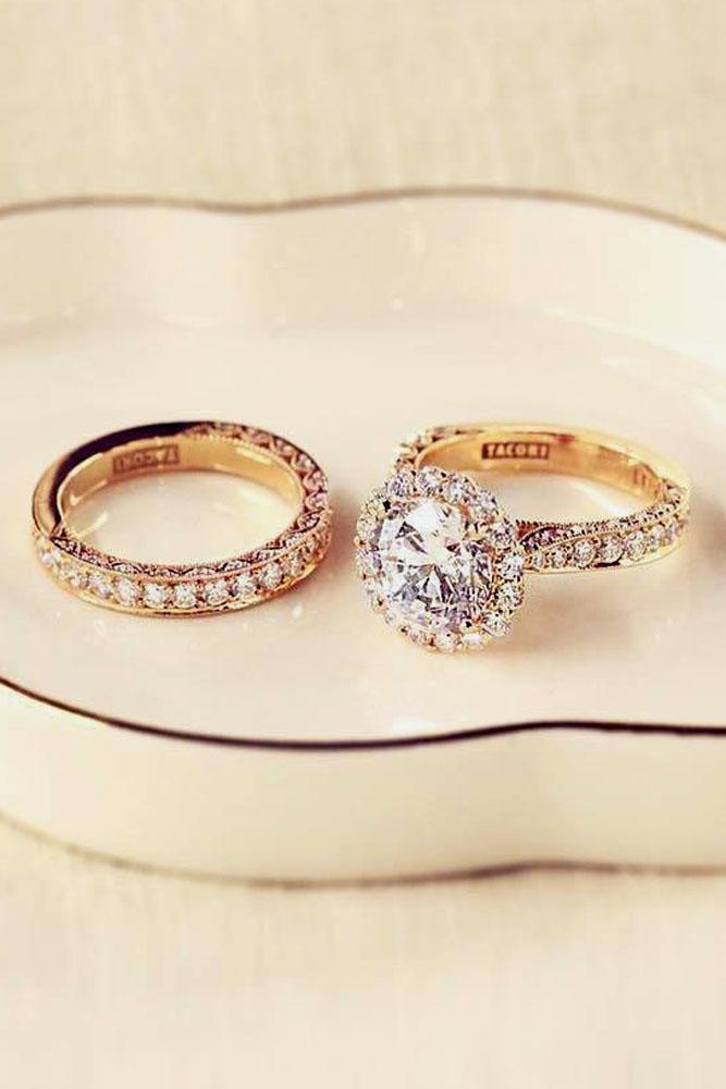 rose gold engagement rings round halo pave band