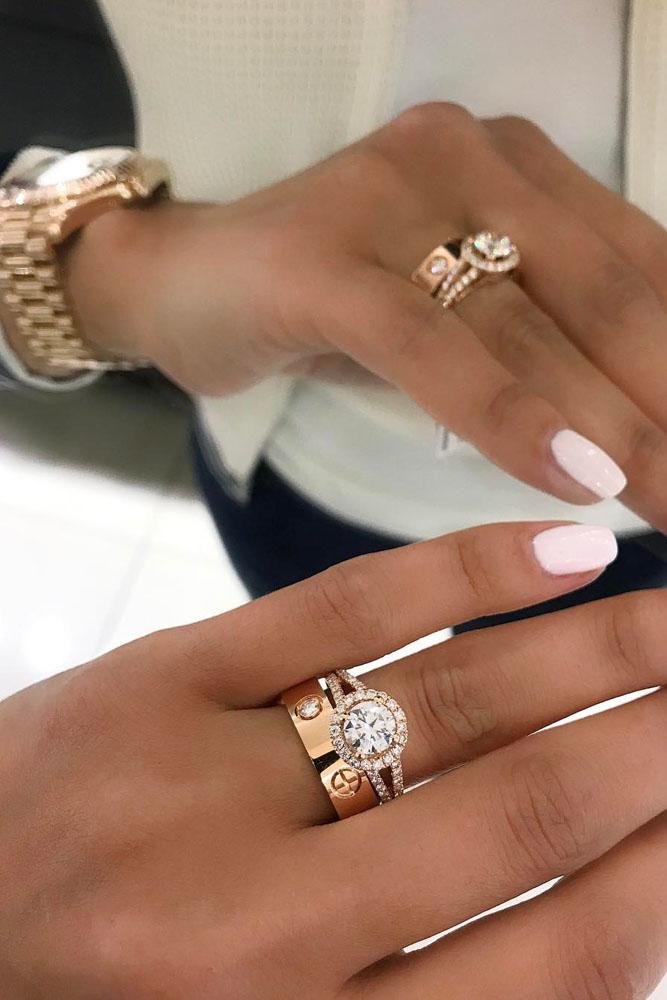 rose gold engagement rings round halo unique rings