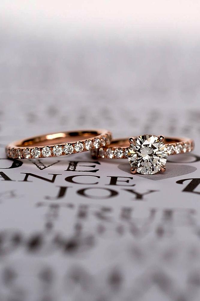 rose gold engagement rings wedding set pave band solitaire round cut