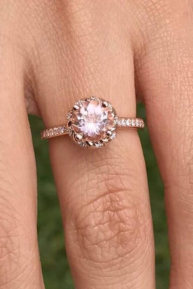 rose gold engagment rings round cut diamond halo pave band