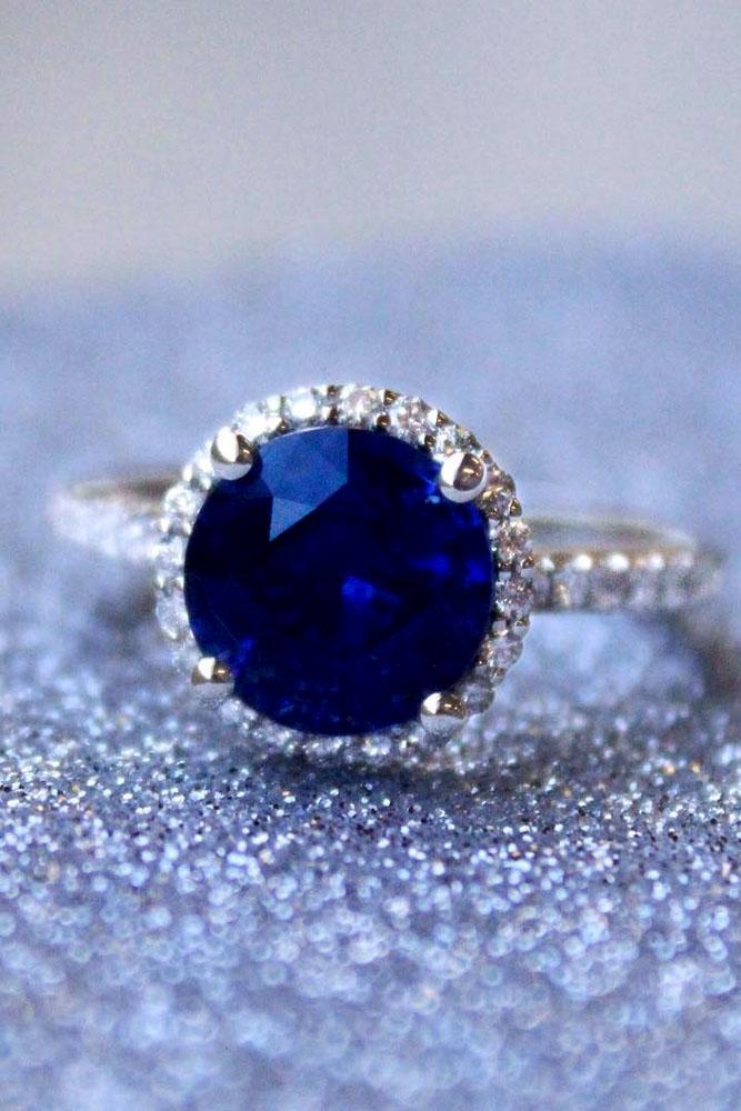 sapphire engagement rings halo diamond pave band white gold