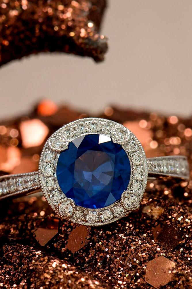 sapphire engagement rings diamond halo white gold pave band