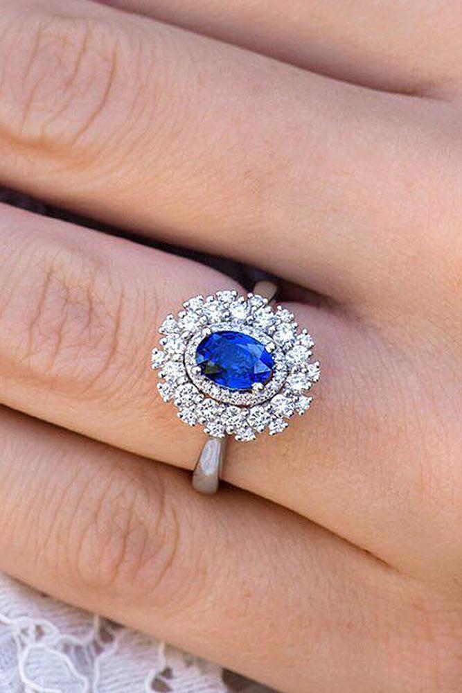 sapphire engagement rings floral halo pave band