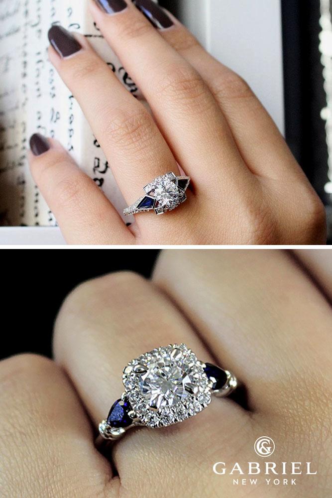 sapphire engagement rings white gold round 3 stones halo