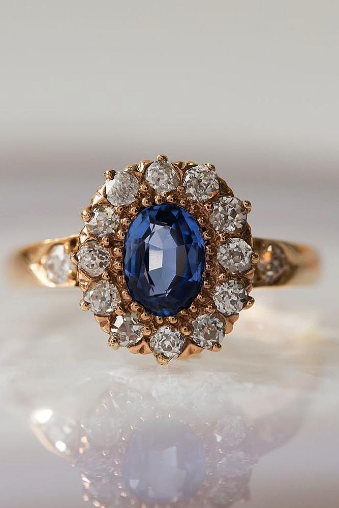 sapphire engagement rings gold vintage floral halo