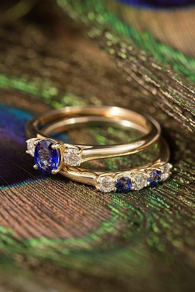 sapphire engagement rings gold wedding set round cut