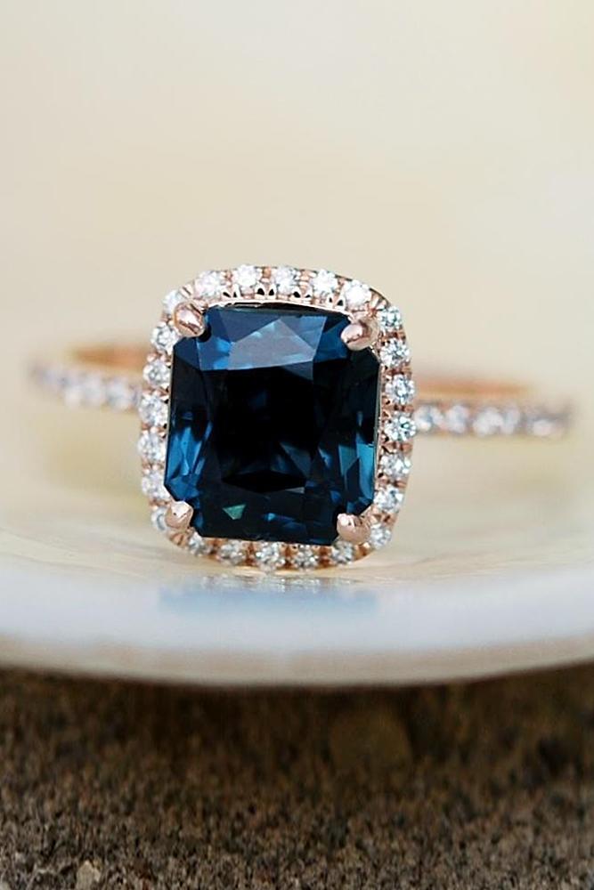 sapphire engagement rings halo rose gold pave band