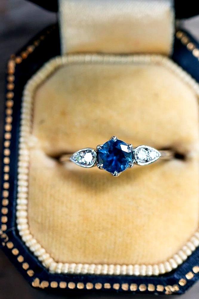 sapphire engagement rings round center gemstone white diamond three stone