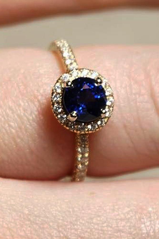sapphire engagement rings round cut pave band gold