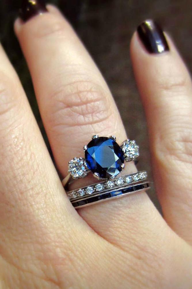 sapphire engagement rings stackable band three stones diamond