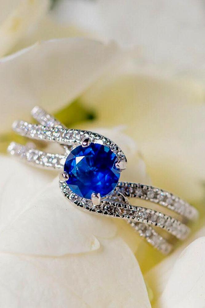 sapphire engagement rings unique round cut center stone pave band white gold