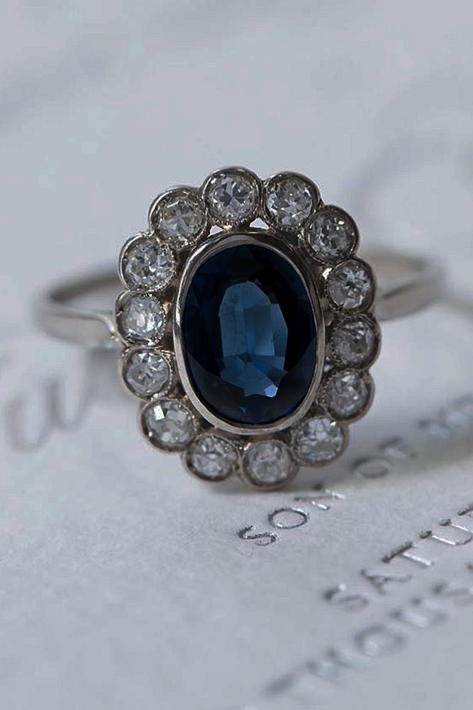 sapphire engagement rings white gold halo floral vintage