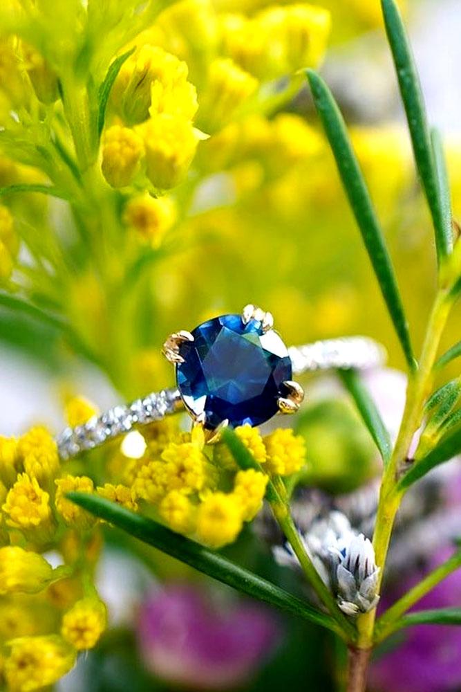 sapphire engagement rings white gold round cut stone pave band