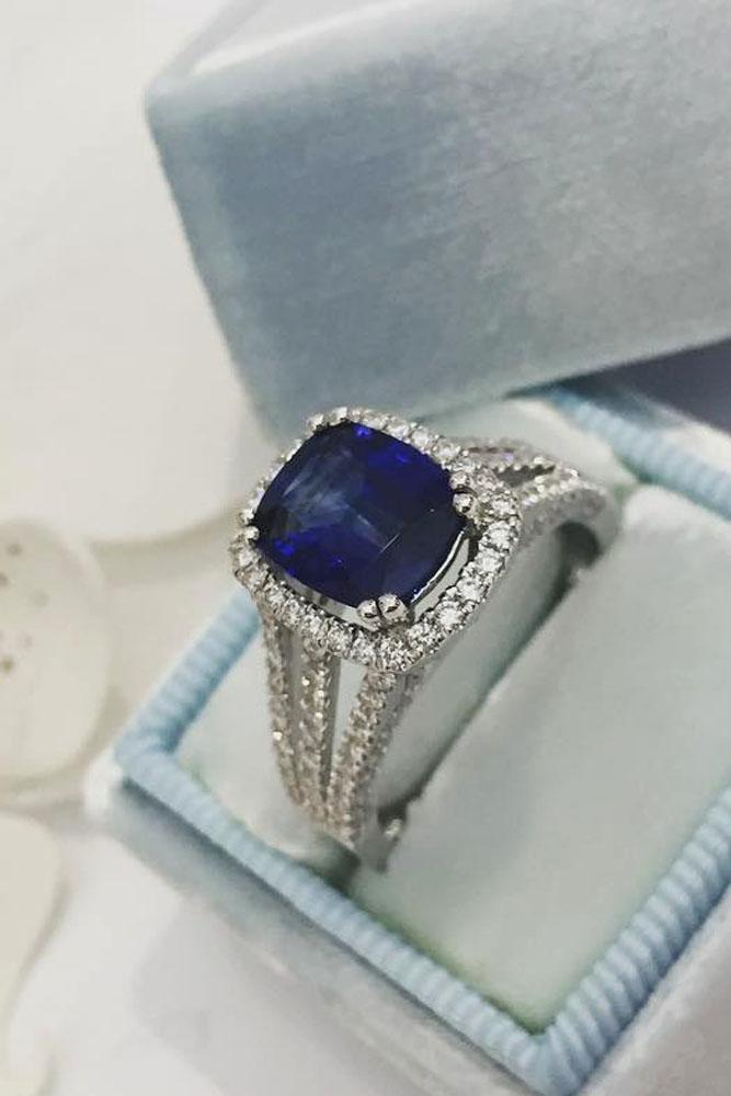 sapphire engagement rings white gold split pave band diamond halo