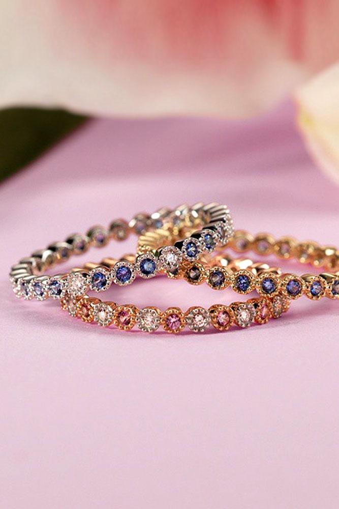 stack-able engagement rings set with gemstone and diamonds in white and rose gold