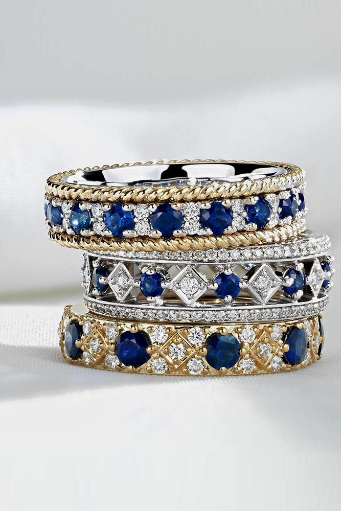 stack-able ring set with diamonds and sapphire in white and rose gold