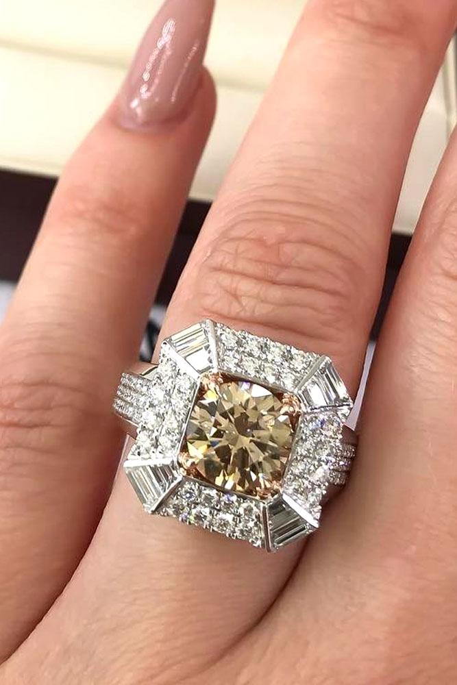 unique engagement rings center yellow diamond double halo white gold
