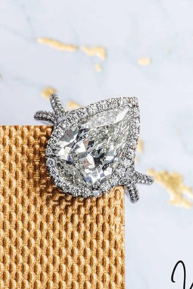 unique engagement rings halo pear cut diamond white gold split