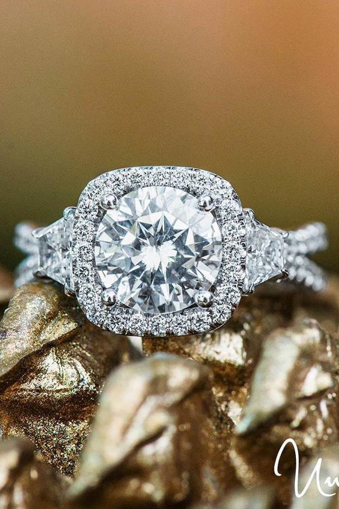 unique engagement rings round cut diamond halo split shank pave