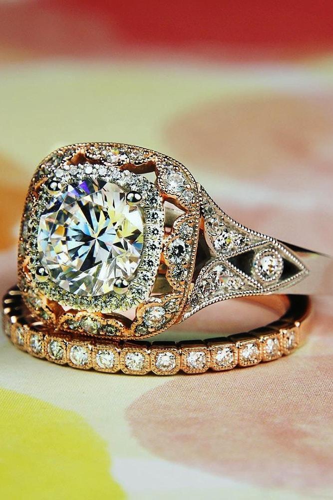 vintage engagement rings in set rose gold round cut diamond halo vintage ring twisted pave band