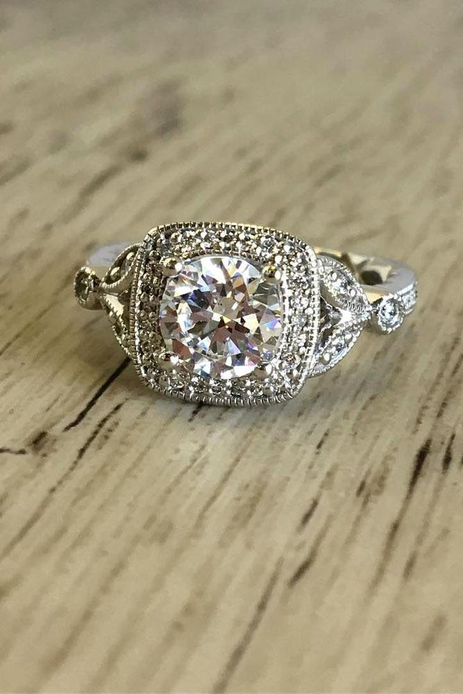 vintage engagement rings in white gold round cut center diamond halo
