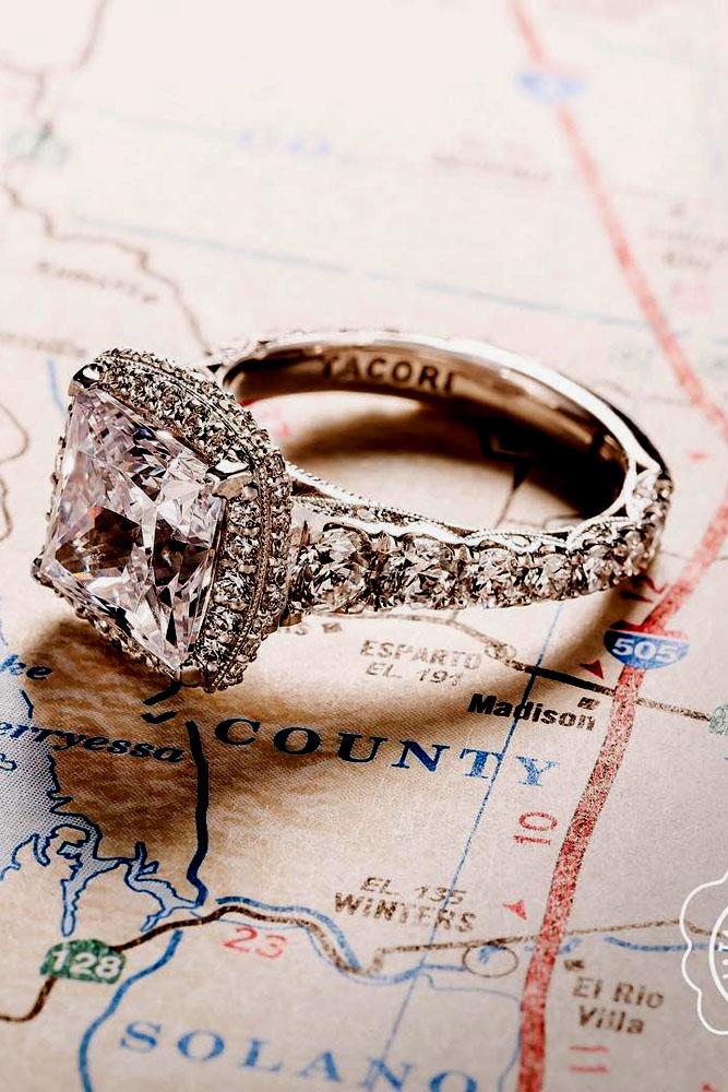 vintage engagement rings princess cut center diamond in halo and white gold