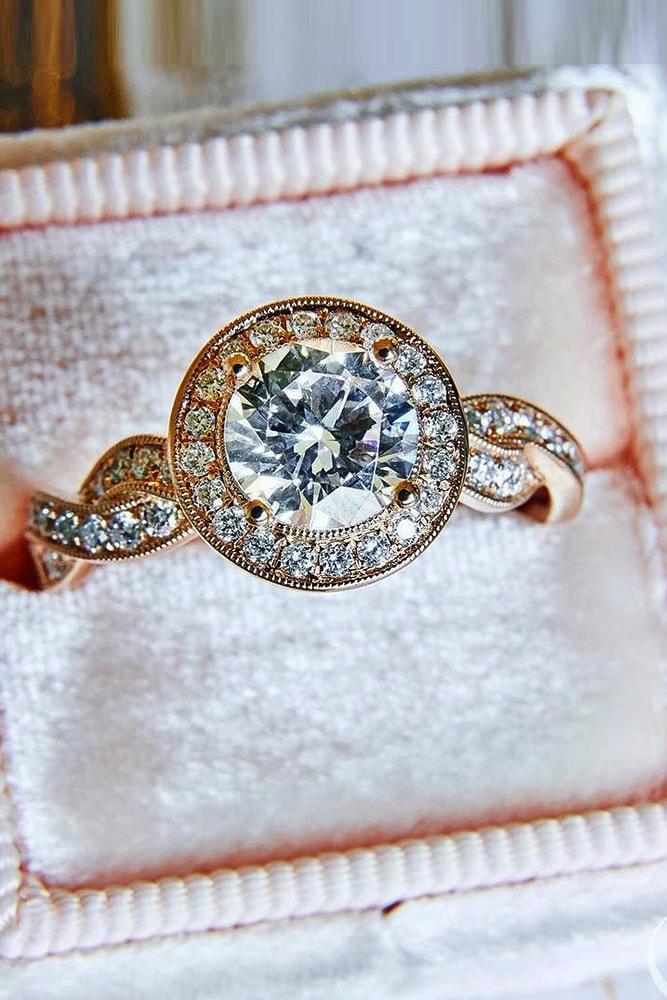 vintage engagement rings rose gold round cut diamond halo vintage ring twisted pave band
